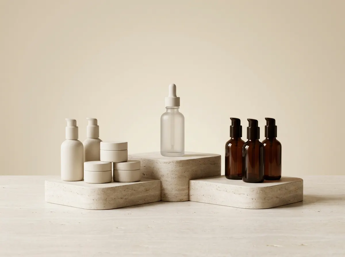 Référence de visual merchandising pour un podium de soins organisé par gamme