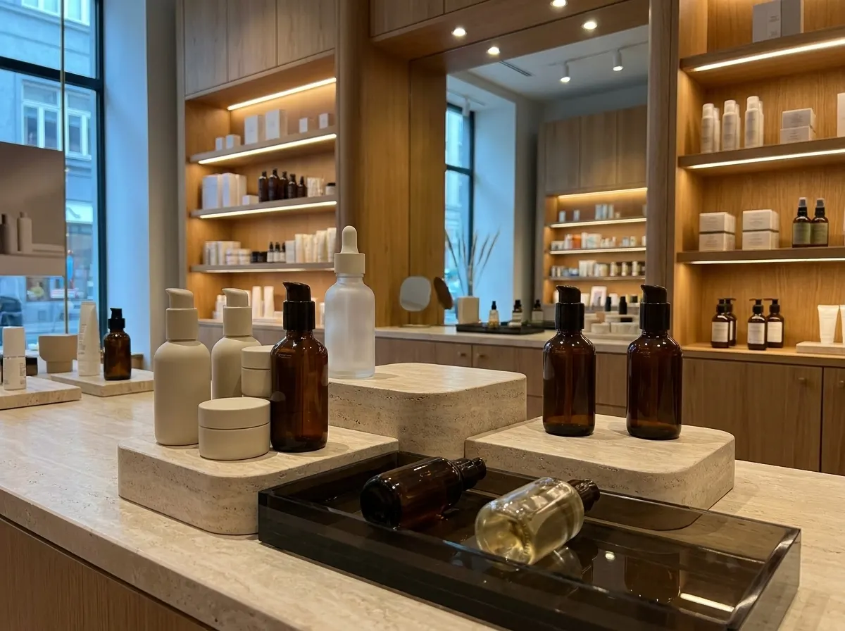 Photo boutique du podium de soins encombré par un plateau de test au premier plan